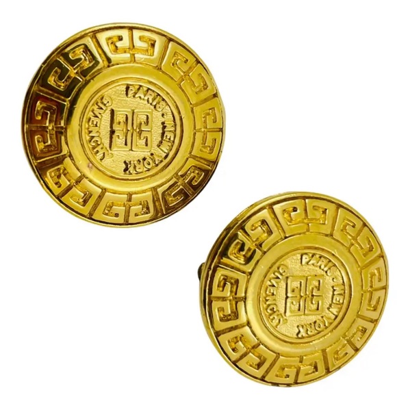 Vintage GIVENCHY Paris New York gold signed logo designer runway clip earrings - Picture 2 of 5